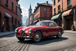 A 1950 Alfa Romeo sportcar, dieselpunk city background, afternoon, dieselpunk retrofuturism, red paint,(masterpiece, best quality, ultra detailed), (high resolution, 8K, UHD, HDR),photorealistic