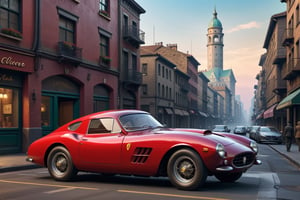 A 1950 Ferrari sportcar, dieselpunk city background, afternoon, dieselpunk retrofuturism, red paint,(masterpiece, best quality, ultra detailed), (high resolution, 8K, UHD, HDR),photorealistic