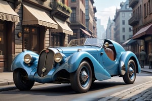 A 1950 Bugatti sportcar, dieselpunk city background, afternoon, dieselpunk retrofuturism, blue paint,(masterpiece, best quality, ultra detailed), (high resolution, 8K, UHD, HDR),photorealistic
