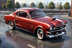 A 1950 Ford Mustang, dieselpunk city background, afternoon, dieselpunk retrofuturism, red paint,(masterpiece, best quality, ultra detailed), (high resolution, 8K, UHD, HDR),photorealistic