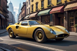 A 1950 Lamborghini supercar, dieselpunk city background, afternoon, dieselpunk retrofuturism, yellow paint,(masterpiece, best quality, ultra detailed), (high resolution, 8K, UHD, HDR),photorealistic
