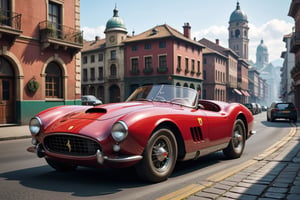 A 1950 Ferrari sportcar, dieselpunk city background, afternoon, dieselpunk retrofuturism, red paint,(masterpiece, best quality, ultra detailed), (high resolution, 8K, UHD, HDR),photorealistic