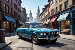 A 1950 version of BMW M5, dieselpunk city background, afternoon, dieselpunk retrofuturism, blue paint,(masterpiece, best quality, ultra detailed), (high resolution, 8K, UHD, HDR),photorealistic