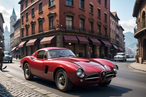 A 1950 Alfa Romeo supercar, dieselpunk city background, afternoon, dieselpunk retrofuturism, red paint,(masterpiece, best quality, ultra detailed), (high resolution, 8K, UHD, HDR),photorealistic