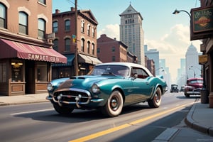 A 1950 version of Chevrolet Camaro, dieselpunk city background, High Quality, masterpiece, High definition,Flat vector art