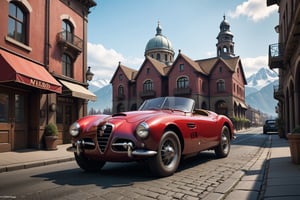 A 1950 Alfa Romeo sportcar, dieselpunk city background, afternoon, dieselpunk retrofuturism, red paint,(masterpiece, best quality, ultra detailed), (high resolution, 8K, UHD, HDR),photorealistic
