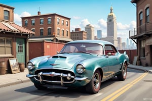 A 1950 version of Chevrolet Camaro, dieselpunk city background, High Quality, masterpiece, super detailed, High definition,Flat vector art