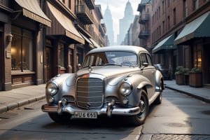 A 1950 version of Mercedes Benz C63 AMG, dieselpunk city background, afternoon, dieselpunk retrofuturism, grey paint,(masterpiece, best quality, ultra detailed), (high resolution, 8K, UHD, HDR),photorealistic