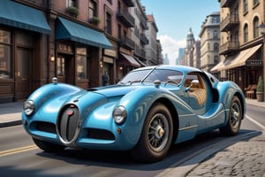 A 1950 Bugatti hypercar, dieselpunk city background, afternoon, dieselpunk retrofuturism, blue paint,(masterpiece, best quality, ultra detailed), (high resolution, 8K, UHD, HDR),photorealistic