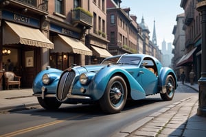 A 1950 Bugatti supercar, dieselpunk city background, afternoon, dieselpunk retrofuturism, blue paint,(masterpiece, best quality, ultra detailed), (high resolution, 8K, UHD, HDR),photorealistic