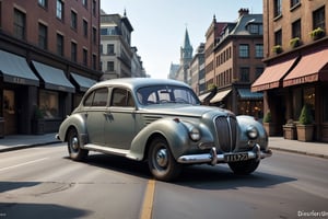 A 1950 BMW big sedan, dieselpunk city background, afternoon, dieselpunk retrofuturism, grey paint,(masterpiece, best quality, ultra detailed), (high resolution, 8K, UHD, HDR),photorealistic