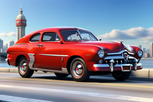 A 1950 Ford Gran Torino GT, coupe, dieselpunk city background, afternoon, dieselpunk retrofuturism, red and white paint,(masterpiece, best quality, ultra detailed), (high resolution, 8K, UHD, HDR),photorealistic