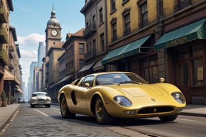 A 1950 Lamborghini supercar, dieselpunk city background, afternoon, dieselpunk retrofuturism, yellow paint,(masterpiece, best quality, ultra detailed), (high resolution, 8K, UHD, HDR),photorealistic