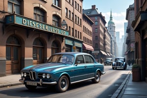 A 1950 version of BMW M5, dieselpunk city background, afternoon, dieselpunk retrofuturism, blue paint,(masterpiece, best quality, ultra detailed), (high resolution, 8K, UHD, HDR),photorealistic