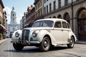 A 1950 BMW long sedan, dieselpunk city background, afternoon, dieselpunk retrofuturism, white paint,(masterpiece, best quality, ultra detailed), (high resolution, 8K, UHD, HDR),photorealistic