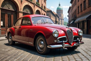 A 1950 Alfa Romeo sport sedan, dieselpunk city background, afternoon, dieselpunk retrofuturism, red paint,(masterpiece, best quality, ultra detailed), (high resolution, 8K, UHD, HDR),photorealistic