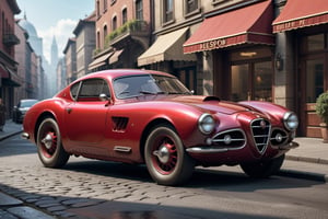 A 1950 Alfa Romeo supercar, dieselpunk city background, afternoon, dieselpunk retrofuturism, red paint,(masterpiece, best quality, ultra detailed), (high resolution, 8K, UHD, HDR),photorealistic