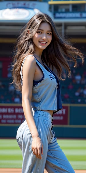 A young woman, brown long hair, f-cup size breasted, in a red tank top and short jean pant, playing Baseball. She slide to secure the ball, wondeful cheer smile. Playing Baseball on the field, in the background and sunny blue sky, Photo realistic. Close up.