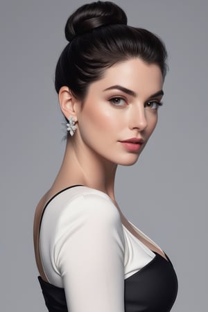 create a hyper realistic vertical photo of most attractive lady in her 30s, bun black hair, trending on artstation, portrait, digital art, modern, sleek, highly detailed, formal, determined, 36D , fairy tone, 
anne hathway, Trendsetter bun black hair, white bra