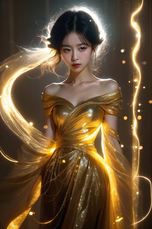 a beautiful Korean woman, avant-garde artistic dress, in a modern art gallery, glowing abstract sculptures, magical, fantasy, dreamy. shallow depth of field, vignette, highly detailed, high budget, bokeh, cinemascope, moody, epic, gorgeous, film grain, grainy, cinematic film, alive.,Asia