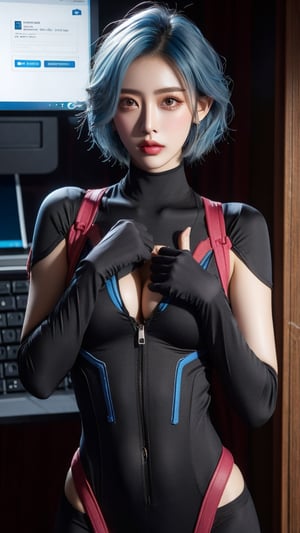 1girl, solo, short hair, gloves, navel, blue hair, big breasts, weapon, fingerless gloves, lips, bodysuit, cable, computer, monitor,Taiwan 