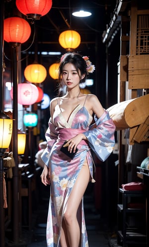 A serene Asian woman stands confidently in a dimly lit alleyway, her slender figure illuminated by the soft glow of lanterns overhead. She wears a traditional kimono with vibrant colors and intricate designs, its flowing fabric rustling softly as she poses, one hand resting on her hip, the other holding a delicate fans. Hottest Queen, ,nhaythoaty,Asia