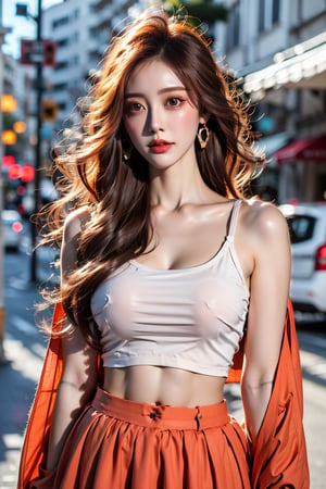 1girl, solo, long hair, big breasts, skirt, black hair, navel, brown eyes, jewelry, earrings, midriff, crop top, makeup, red skirt, lipstick, long skirt, red lips, photo background,Taiwan 