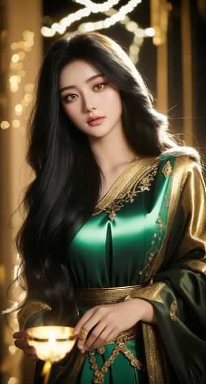 A majestic eqyptian princess , her long black hair cascading down like a waterfall of night. Her piercing eyes sparkle like emeralds in the soft golden light of a thousand candles, as she gazes out into the distance with an air of quiet confidence and mystery. detailed face, 