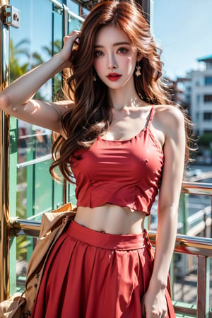 1girl, solo, long hair, big breasts, skirt, black hair, navel, brown eyes, jewelry, earrings, midriff, crop top, makeup, red skirt, lipstick, long skirt, red lips, photo background,Taiwan 