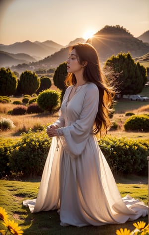 A side-view portrait of a woman praying in front of an altar that resembles a lion, set in an open field with views of majestic mountains at sunset. The woman has long, flowing auburn hair and appears to be in her late twenties. She is wearing a flowing white dress and a delicate silver necklace. Her eyes are closed, and her hands are clasped in prayer. Her profile is softly illuminated by the warm, golden light of the setting sun, which highlights her serene expression. The altar, adorned with intricate lion carvings, stands majestically beside her. The field is filled with tall grass and wildflowers swaying gently in the breeze. In the distance, the towering mountains are bathed in the soft, warm glow of the sunset. The sunlight creates long, soft shadows, casting a tranquil and reverent atmosphere. The gentle breeze rustles the grass, and the air is filled with the fresh scent of wildflowers. The sounds of the distant wind and occasional bird calls add to the peaceful ambiance, creating an atmosphere of calm and spiritual serenity,Asia