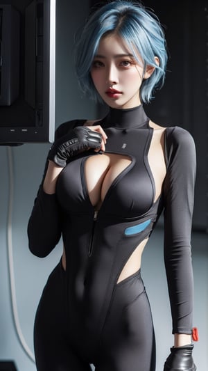 1girl, solo, short hair, gloves, navel, blue hair, big breasts, weapon, fingerless gloves, lips, bodysuit, cable, computer, monitor,Taiwan 