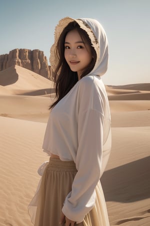 desert, dune,sun,horizon,an explorer,16 yo,beautiful girl,very long hair, straight hair,brown hair,smile,wearing desert cloth(chiffon long skirt,hood,long sleeve robe),Best Quality, 32k, photorealistic, ultra-detailed, finely detailed, high resolution, perfect dynamic composition, beautiful detailed eyes, sharp-focus, cowboy shot,front view,Chinese ink painting,Nature,Asia