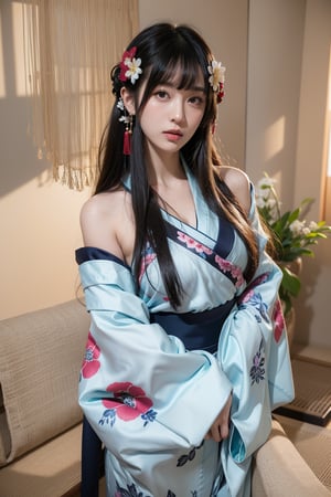 masterpiece, 8k, best quality, high resolution, perfect details, beautiful face, 1girl, solo, bangs, (Updo hair), closed mouth, looking at viewer, realistic, grey background, 

hair ornament, hair flower, blue flower, 
(japanese clothes), 
(dark blue kimono), 
(print kimono), 
(wide sleeves), (obi),

(cowboy shot:1.2),Asia,detached sleeves