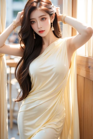 1girl, solo, long hair, looking at viewer, black hair, dress, brown eyes, jewelry, earrings, indoors, white dress, arm up, bracelet, realistic,Taiwan 