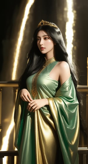 A majestic eqyptian princess , her long black hair cascading down like a waterfall of night. Her piercing eyes sparkle like emeralds in the soft golden light of a thousand candles, as she gazes out into the distance with an air of quiet confidence and mystery. detailed face, 