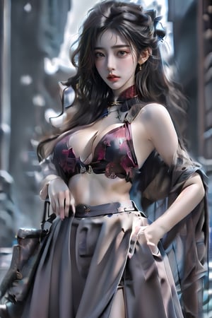 1girl, solo, long hair, breasts, looking at viewer, blue eyes, large breasts, black hair, navel, cleavage, jewelry, earrings, midriff, crop top, hand on hip, long skirt, boa hancock,Taiwan 