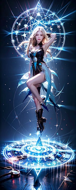 1girl, solo, long hair, breasts, looking at viewer, blue eyes, blonde hair, large breasts, hat, holding, cleavage, bare shoulders, medium breasts, full body, boots, armpits, lips, gradient, gradient background, staff, blue footwear, realistic, wand, magic circle, duel monster, pentagram, wizard hat, pentacle, dark magician girl,Taiwan 