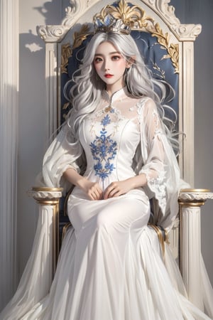 (masterpiece),(best quality),(ultra detailed),1girl,solo,hip up,closed mouth,colored golen dress,crown,throne,accessories, BREAK
(white hair color:1.05),Taiwan 