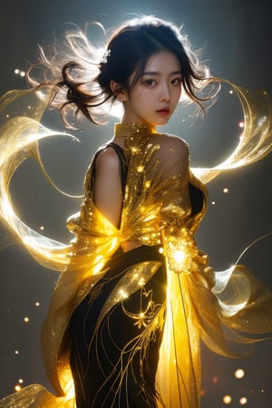a beautiful Korean woman, avant-garde artistic dress, in a modern art gallery, glowing abstract sculptures, magical, fantasy, dreamy. shallow depth of field, vignette, highly detailed, high budget, bokeh, cinemascope, moody, epic, gorgeous, film grain, grainy, cinematic film, alive.,Asia