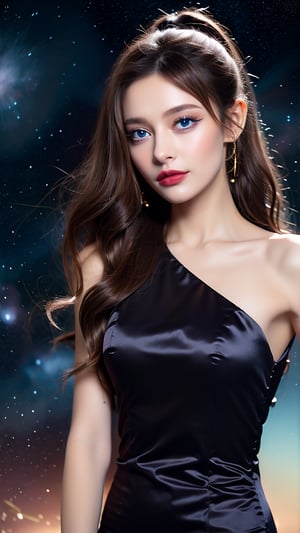 (1 Taiwanese girl), (brown hair), (long curly hair), (high ponytail), (shoulder length hair), (medium chest), (bust G_SIZE), (transparent direct-view dress), (dress), (starry sky background),