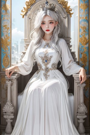 (masterpiece),(best quality),(ultra detailed),1girl,solo,hip up,closed mouth,colored golen dress,crown,throne,accessories, BREAK
(white hair color:1.05),Taiwan 