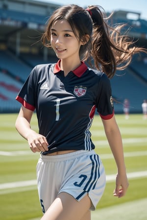background is stadium,soccer,16 yo,beautiful girl,soccer player,long ponytail,hair band,curly hair,dark brown hair,wearing soccer uniform(uniform number),she is running on field,smile,Best Quality, 32k, photorealistic, ultra-detailed, finely detailed, high resolution, perfect dynamic composition, beautiful detailed eyes, sharp-focus, cowboy shot,