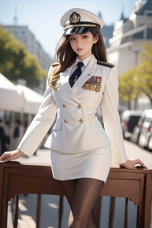 background old palace square,16 yo,beautiful girl,military officer,blonde hair,chignon,blue eyes,glamor,tall,slim waist,wearing military uniform(white full dress uniform,long sleeve suit jacket,tight skirt),highheels and hat,standing at attention,closing legs,Best Quality, 32k, photorealistic, ultra-detailed, finely detailed, high resolution, perfect dynamic composition, beautiful detailed eyes, sharp-focus, cowboy shot,smooth pantyhose,Asia