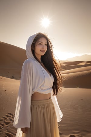 desert, dune,sun,horizon,an explorer,16 yo,beautiful girl,very long hair, straight hair,brown hair,smile,wearing desert cloth(chiffon long skirt,hood,long sleeve robe),Best Quality, 32k, photorealistic, ultra-detailed, finely detailed, high resolution, perfect dynamic composition, beautiful detailed eyes, sharp-focus, cowboy shot,front view,Chinese ink painting,Nature,Asia