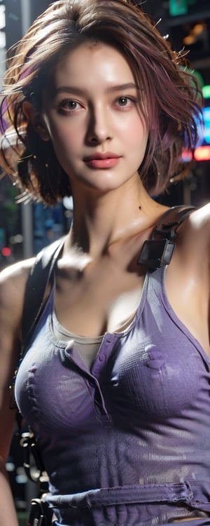 1girl, solo, breasts, looking at viewer, smile, short hair, large breasts, dress, purple eyes, upper body, pink hair, glasses, sleeveless, alternate costume, hair over one eye, lips, v, plant, pink nails, selfie, reaching towards viewer, mash kyrielight,GAME_ResidentEvil3Remake_JillValentine_o,Taiwan 