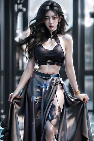 1girl, solo, long hair, breasts, looking at viewer, blue eyes, large breasts, black hair, navel, cleavage, jewelry, earrings, midriff, crop top, hand on hip, long skirt, boa hancock,Taiwan 