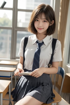 class_room,high school student,girl,short hair,bangs,wearing school uniform,she is sitting at desk and taking note,smile,Best Quality, 32k, photorealistic, ultra-detailed, finely detailed, high resolution, perfect dynamic composition, beautiful detailed eyes, sharp-focus, cowboy_shot, front shot,Asia