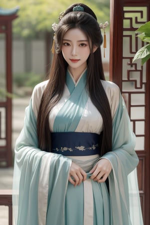 ancient chinese palace,secret garden,girl,1 yo,queen's hair,very_long_hair,hair_past_waist,smile,wearing transparent green long hanfu(very long sleeves),Best Quality, 32k, photorealistic, ultra-detailed, finely detailed, high resolution, perfect dynamic composition, beautiful detailed eyes, sharp-focus, cowboy_shot, front shot,hanfu101,gufeng,Asia