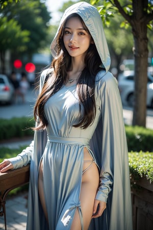 deep forest(fantasy movie),Arwen,lady of Rivendell,Evenstar of the elves,heroine of the movie Lord of The Rings,16 yo,black hair,hair_past_waist,very_long_hair,straight_hair,neat hair,glossy hair,hair covering ears,fair skin,light blue eyes,wearing dress of elf(wide and long sleeves dress) and wide hooded cape,tiny necklace,smile,Best Quality, 32k, photorealistic, ultra-detailed, finely detailed, high resolution, perfect dynamic composition, beautiful detailed eyes, sharp-focus, cowboy shot,Asia