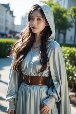 deep forest(fantasy movie),Arwen,lady of Rivendell,Evenstar of the elves,heroine of the movie Lord of The Rings,16 yo,black hair,hair_past_waist,very_long_hair,straight_hair,neat hair,glossy hair,hair covering ears,fair skin,light blue eyes,wearing dress of elf(wide and long sleeves dress) and wide hooded cape,tiny necklace,smile,Best Quality, 32k, photorealistic, ultra-detailed, finely detailed, high resolution, perfect dynamic composition, beautiful detailed eyes, sharp-focus, cowboy shot,Asia